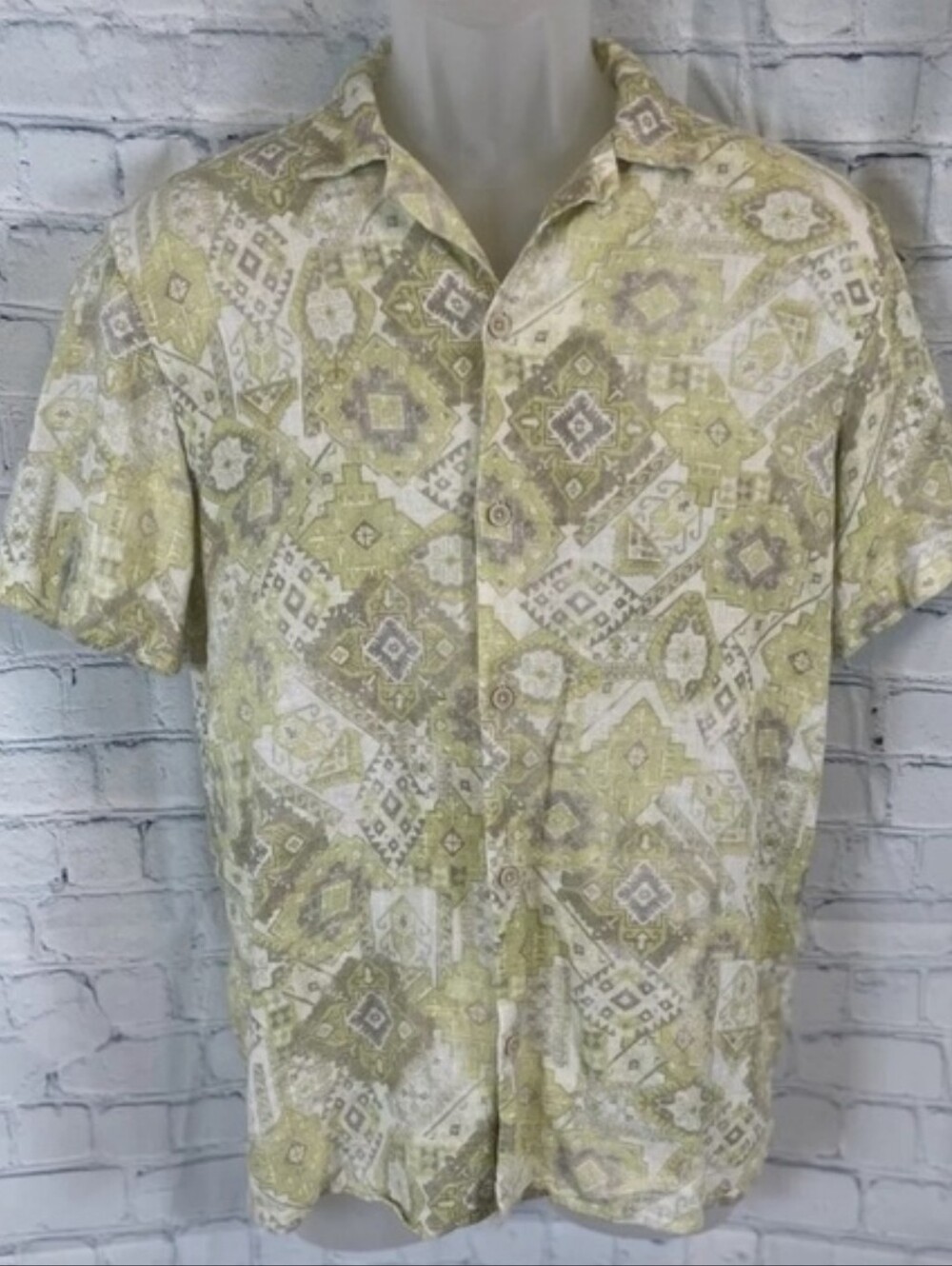 Zara Men’s Size M Linen Blend Shirt Green Geo Print Button Down Short Sleeve M